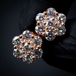Large Flower Rose Gold CZ Cluster 925 Sterling Silver Stud Screw Back Earrings